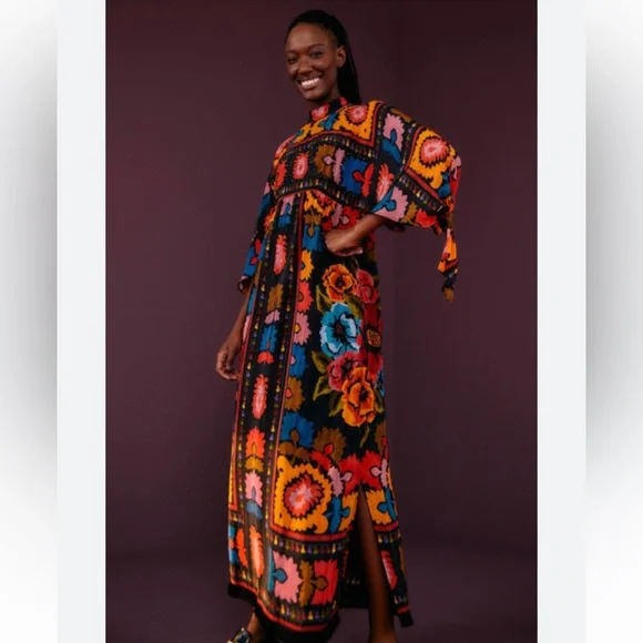 NWT Farm Rio Black Flowers Tapestry Maxi Dress Lined Size M - Picture 1 of 9